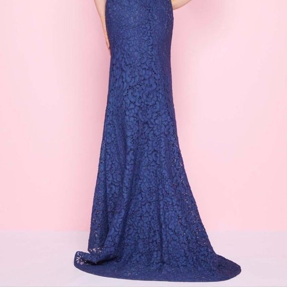 MAC DUGGAL CUTOUT BACK LACE HIGH NECK NAVY GOWN DRESS sz 12 - Picture 5 of 5